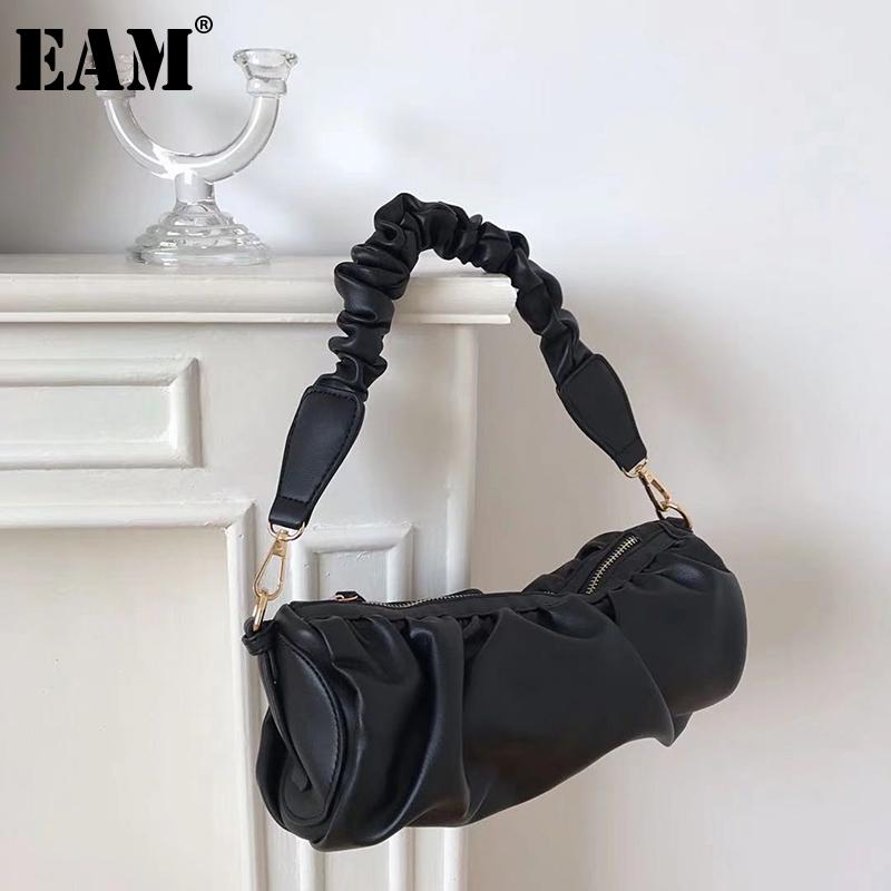 

[EAM] Women New Retro Wrinkled Barrel-shaped PU Leather Personality All-match Crossbody Shoulder Bag Fashion Tide 2021 18A1851, Black