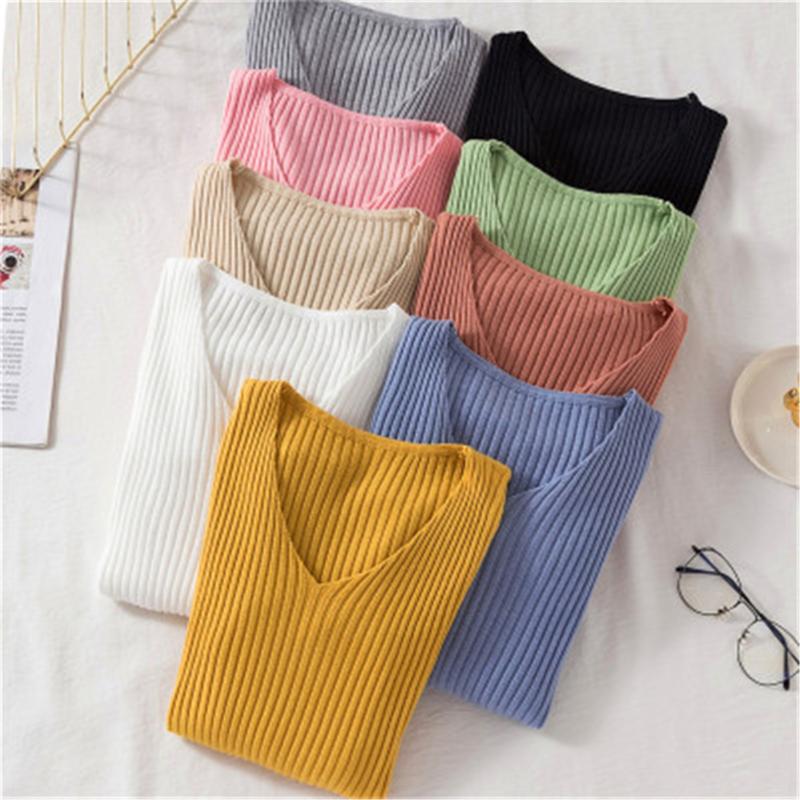 

2021 basic v-neck solid autumn winter Sweater Pullover Women Female Knitted sweater slim long sleeve badycon cheap, Rose