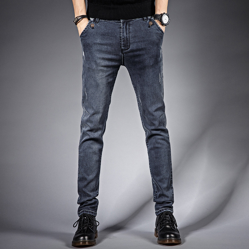 

2021 New Autumn and Winter Casual Jeans, Fashion Wild Long Men High Elasticity Men's Thin Feet Pants 27- Frah, Blue gray
