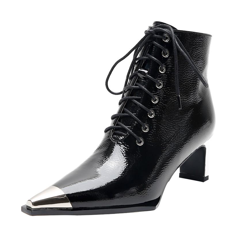 

Autumn Lace up Zip Fashion Shoes Woman Sexy Ankle Boots Wedding Shoes Metal High Quality Fashion Pointed Toe Party Leather Basic, Black
