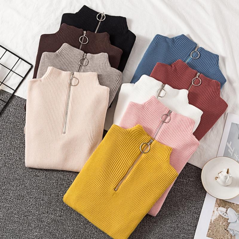 

2020 Casual Zipper Sweater Women Turtleneck Solid Spring Autumn Knitted Sweater Pullovers Long Sleeve chic Soft Jumper Top Pink1, Black