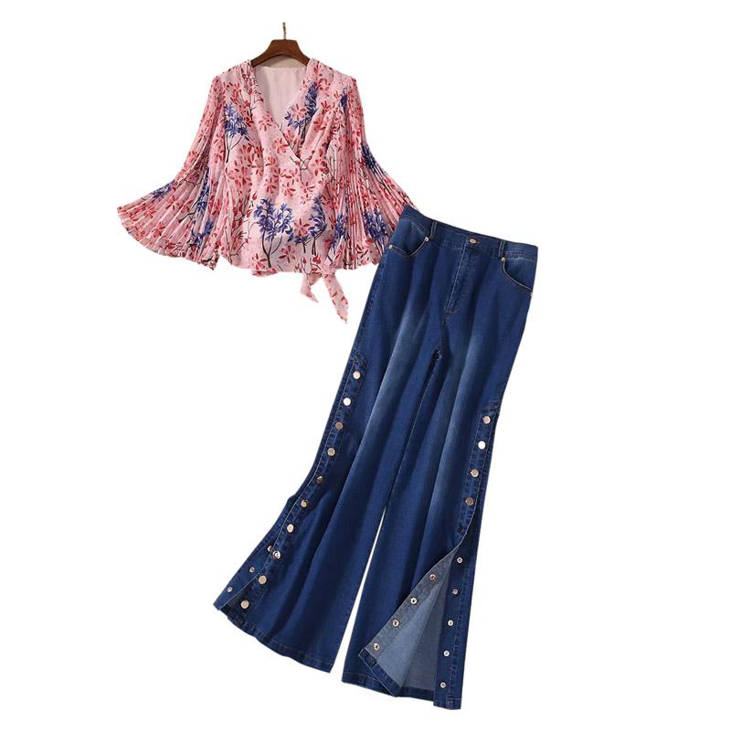 

Woman Clothes Set Ladies Spring Summer Outfit Pleat Flare Sleeves Print Floral Chiffon Blouses + Buttons Slit Denim Jeans Pants, Multi