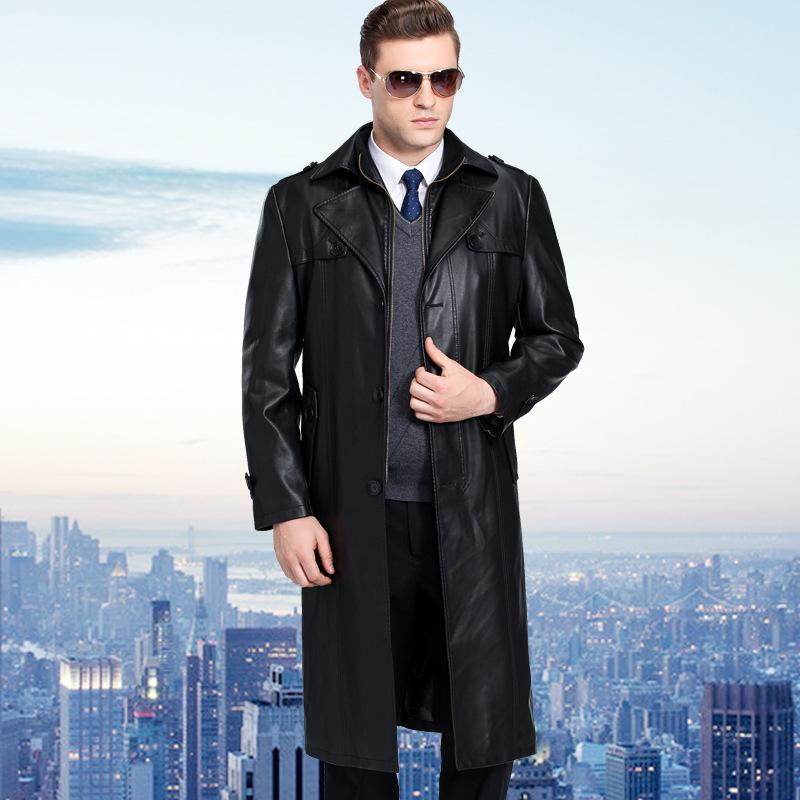 

Men' Leather Trench Coat Double-breasted X-long Business Casual Plus Size Leather Jacket M-5XL Men Jacket Winter Coat, Thin style