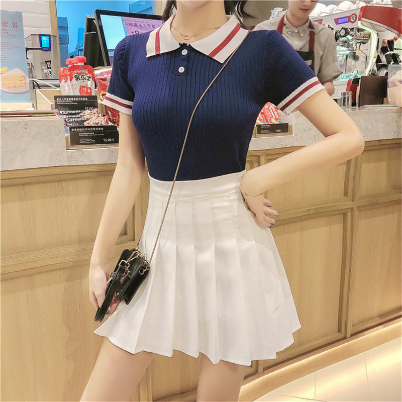 

2021 New Women's Preppy Dress Ensembles Short Sleeve Striped Thin Shirt Plied Mini Fashion Student Suits Two Pieces Skirt Ensemble 27VG, Blue