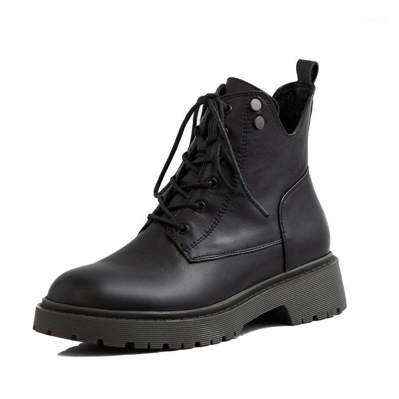 

ankle boots women's shoes genuine leather new winter cross-tied med square heel round toe lace up ankle boots femme1, Black
