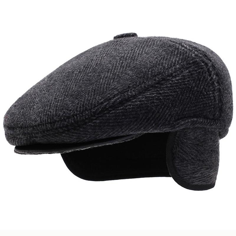 

HT2630 Beret Cap Autumn Winter Beret Thick Warm Earflap Cap Men Vintage Wool Felt Hat with Ear Flap Male Newsboy Ivy Flat Cap Y200110, Black