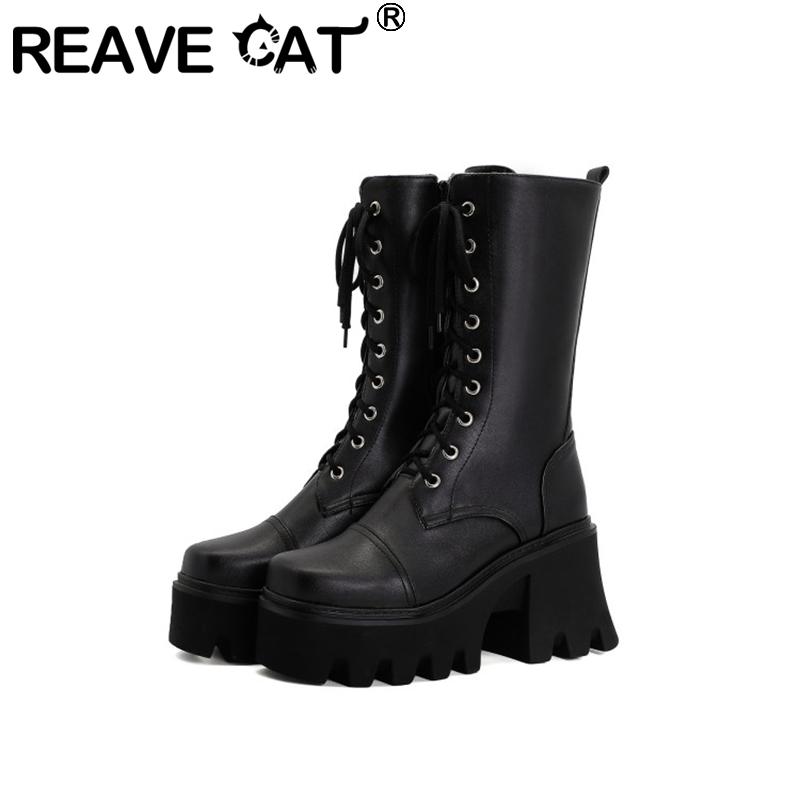 

REAVE CAT Women Mid-Calf Boots Stylish Punk Square Toe Thick Heels Platform Flat 9cm PU Lace-up Zip Black Big Size 35-44 A3258