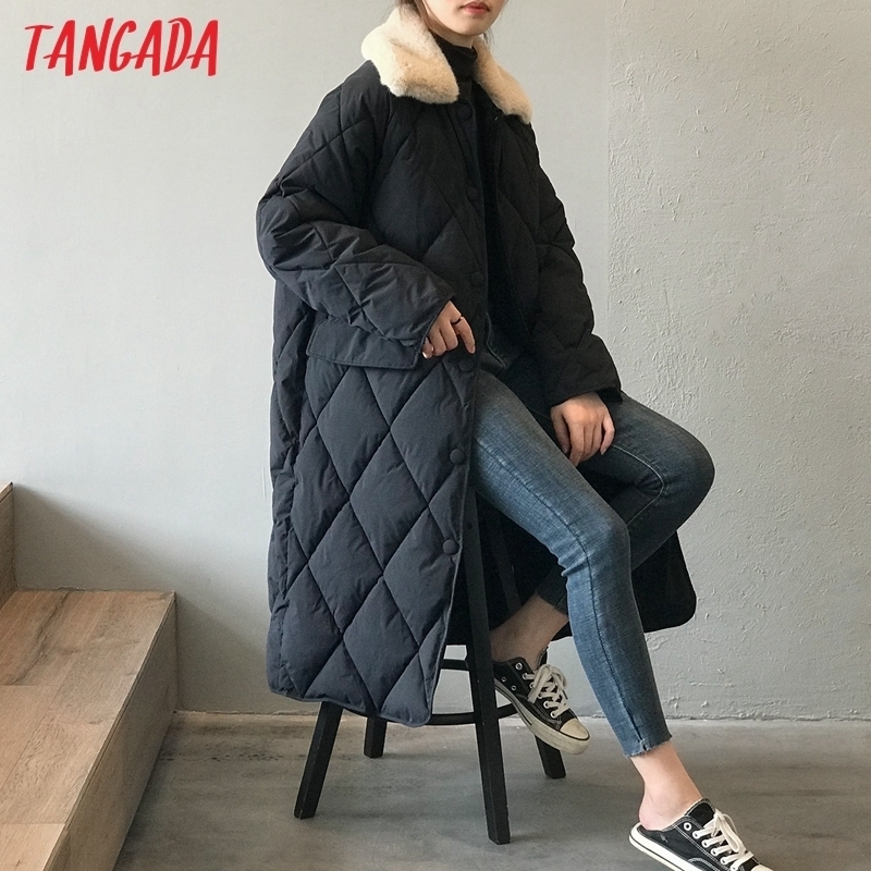 

Tangada Winter Women Fur Collar Oversize Long Parkas Thick Long Sleeve Pockets Female Warm Cotton Overcoat ASF58 201110, Beige