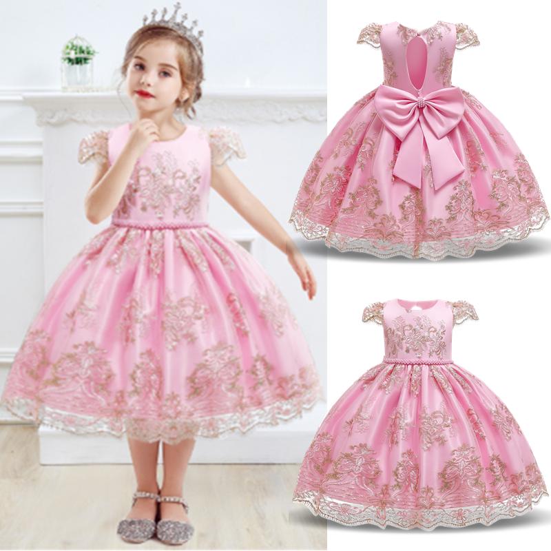 

Lace Girl Wedding Dresses For Kids Party Wear Children Summer Party Princess Wedding Dress Big Bow 6 8 10 Year Baby Girl Clothes, Pink
