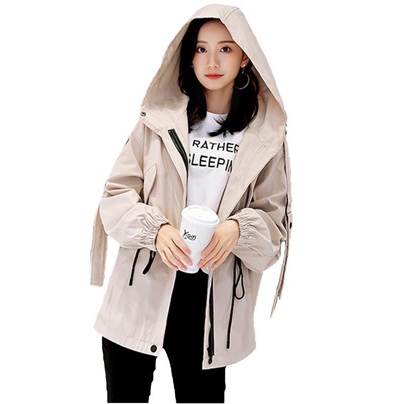 

2020 Spring Autumn Loose Casual Trench Coat For Women Pleated Zipper Hooded Windbreaker Female Fashion Slim Outwaer Coat D143, Khaki