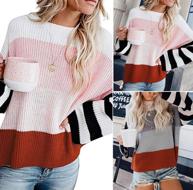 

Autumn/winter new style women' knitted round neck blouse color stitching sweater pullover European and American sweater, Pink