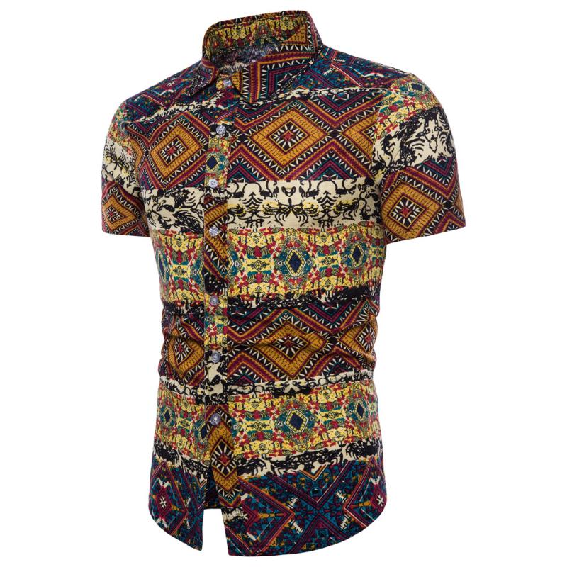 

Summer NEW Fashion Men Bohe Floral Short Sleeve Linen Basic Blouse Top Plus Size Daily Wholesale Freeship N4, Yellow