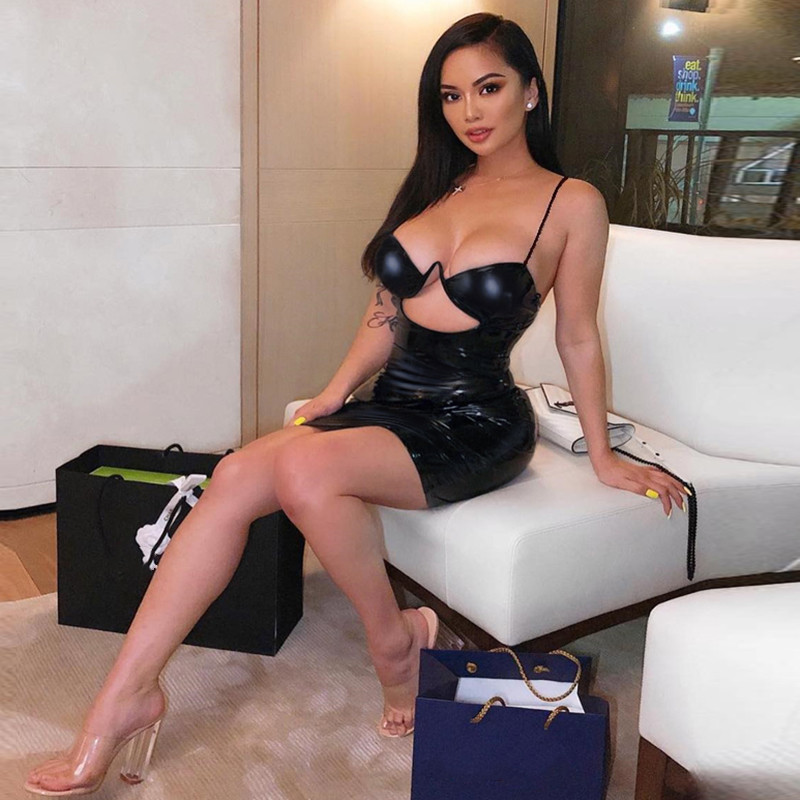 

Women dresses PU spaghetti straps hollow out sexy high waist slim black solid summer women new fashion party bodycon mini dress