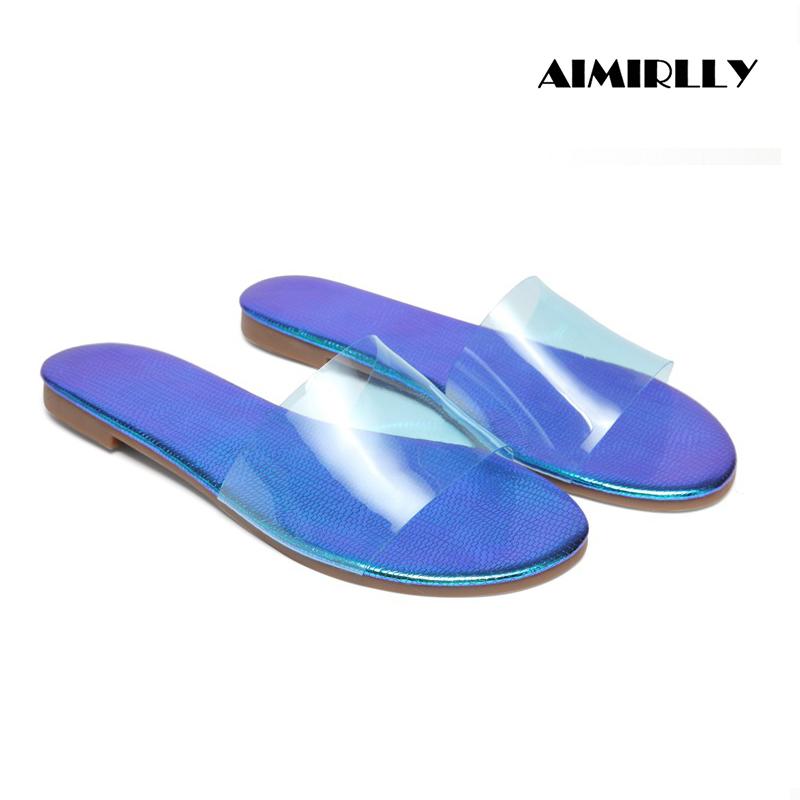

Summer Women's Slipper PVC Sandals Round Sole Flats Mules Shine insole Beach Shoes Ladies Casual Footwear Comfort