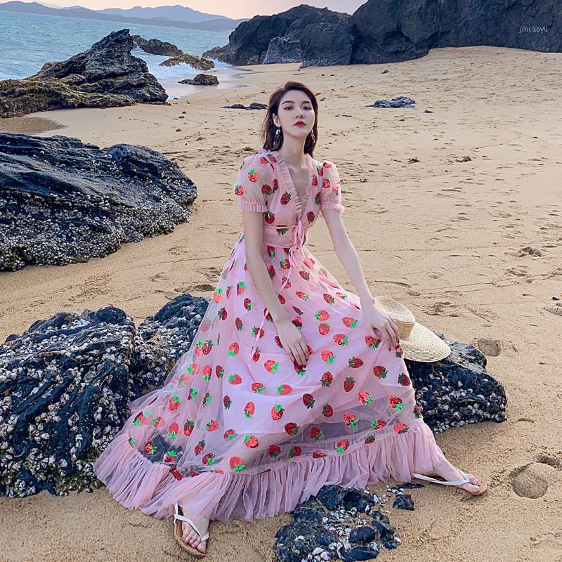 

Summer Women Dress Deep V Neck Voile Strawberry Embroidery Sequined Lace-Up Dress Puff Sleeve Long Holiday Ladies Beach Dresses1, Xaq587