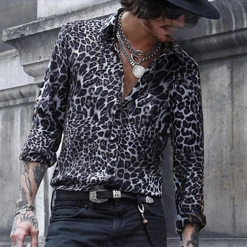 

European American Men' Shirts 2021 New Fashion Leopard Print Long-sleeved Shirt Casual Vacation Men' Clothing, Brown