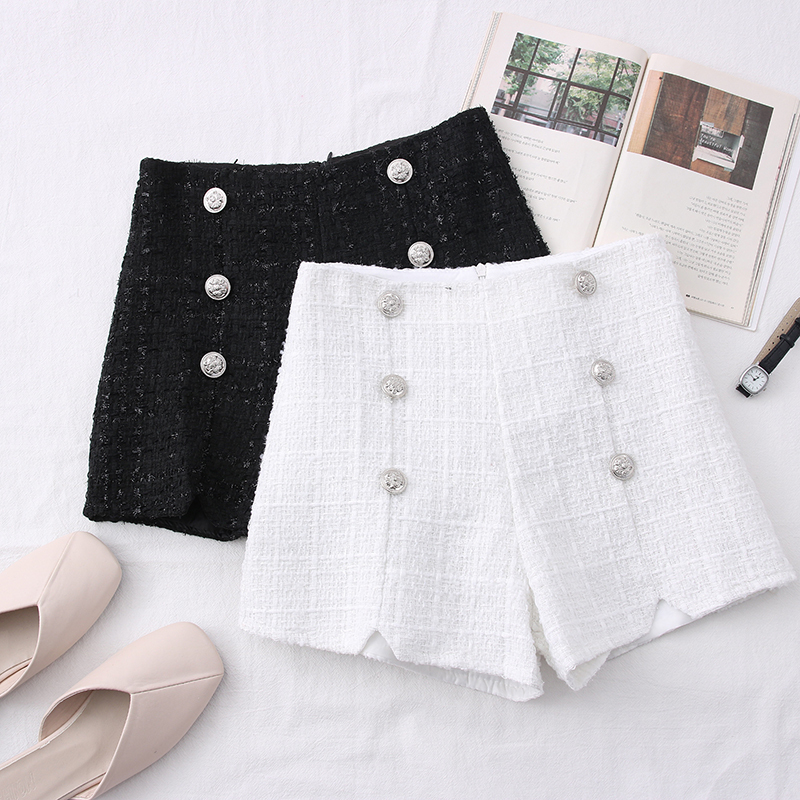 

2021 New new temperament all-match small fragrance wind bright silk tweed high waist thin double breasted shorts women 6KF5, Black