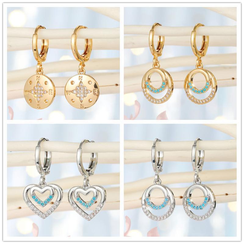 

Hoop & Huggie 1pair Unique Compass Double Hollow Round Hearts Love Earrings For Women Gold Rhinestone Dangle Simple Earing Jewelry1