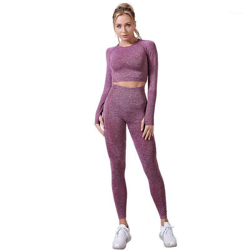 

Women Seamless Yoga Set Fitness Sports Suits Gym Clothing Top Shirts High Waist Running Leggings Workout Pants1, As picture