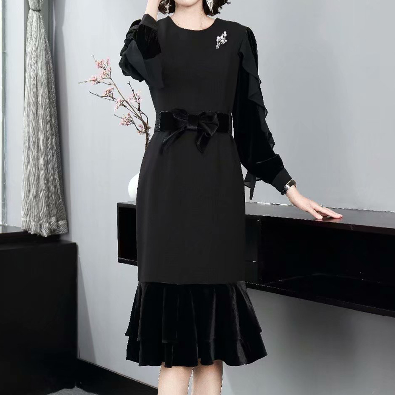 

2021 Autumn New Frizzy Style Frilly Sleeves Long Velvet Belt Self-cultivation Fishtail Tail Dress Black Women's Clothes K6kw