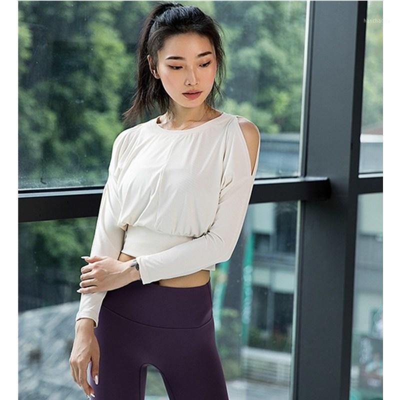 

Women Sexy Shoulder Hollow Sport Top Fitness Gym Long Sleeve Breathable Yoga Crop Top Female Running Workout Tops Loose T Shirt1, Beige