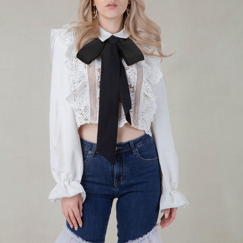 

Floral Embroidery Lace Blouse Women Long Sleeve Bow Tie Turn Down Collar Summer Cropped Tops Zipper Self-Portrait Office B301, White