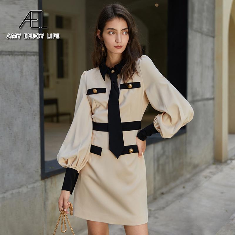 

AEL Beige long sleeve dress women 2020 autumn panelled with necktie minidress office lady clothing
