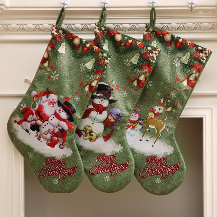 

Christmas Party Large Stockings Deer Snowman Santa Claus Print Gift Bags Holders Xmas Long Socks presents favor apple wrap1