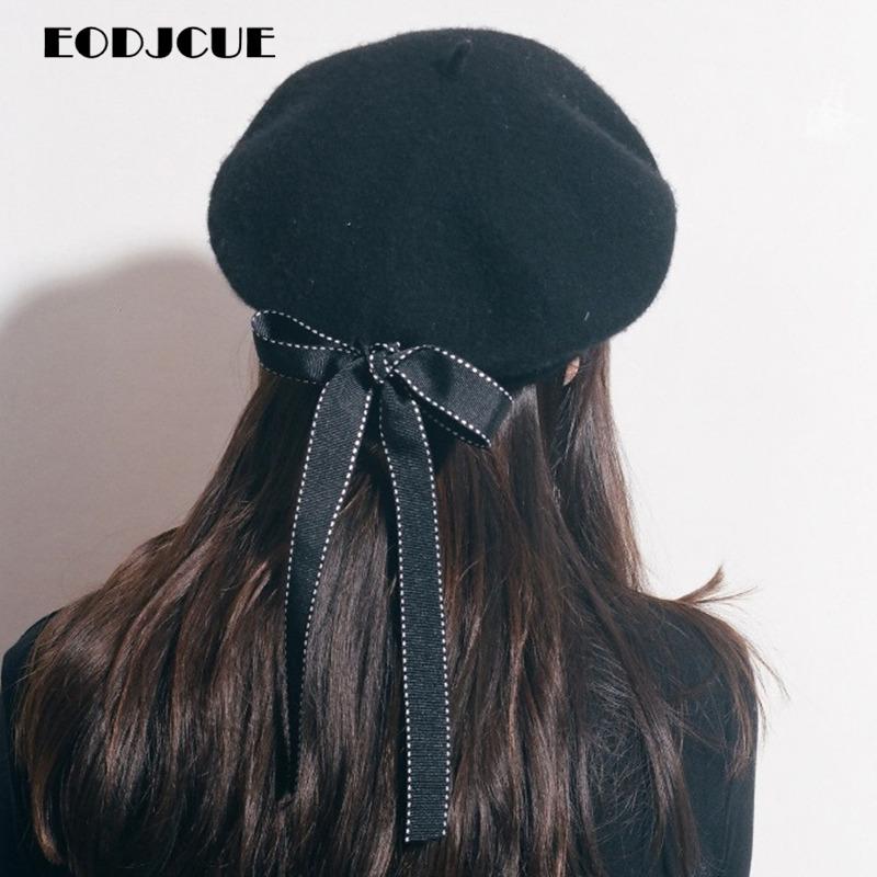 

2020 Fashion Lace Bow Beret Hat Girls Beret Hat Winter Hats Women bonnet, Black