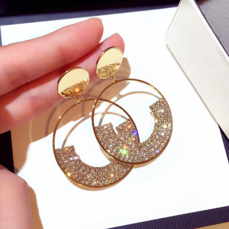 

Crystal Drop 925 Silver Needle Luxury Shiny Golden Geometric Round Round Rhinestone Drop Earrings for Women's Party Jewelry