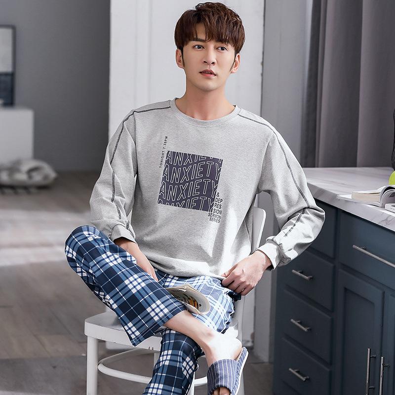 

Autumn Winter Long Sleeve Sport Man Pajama Sets Simple Cotton Print Pajamas Men Casual Sleepwear Homewear Plus Size XXXL Pijamas, 005