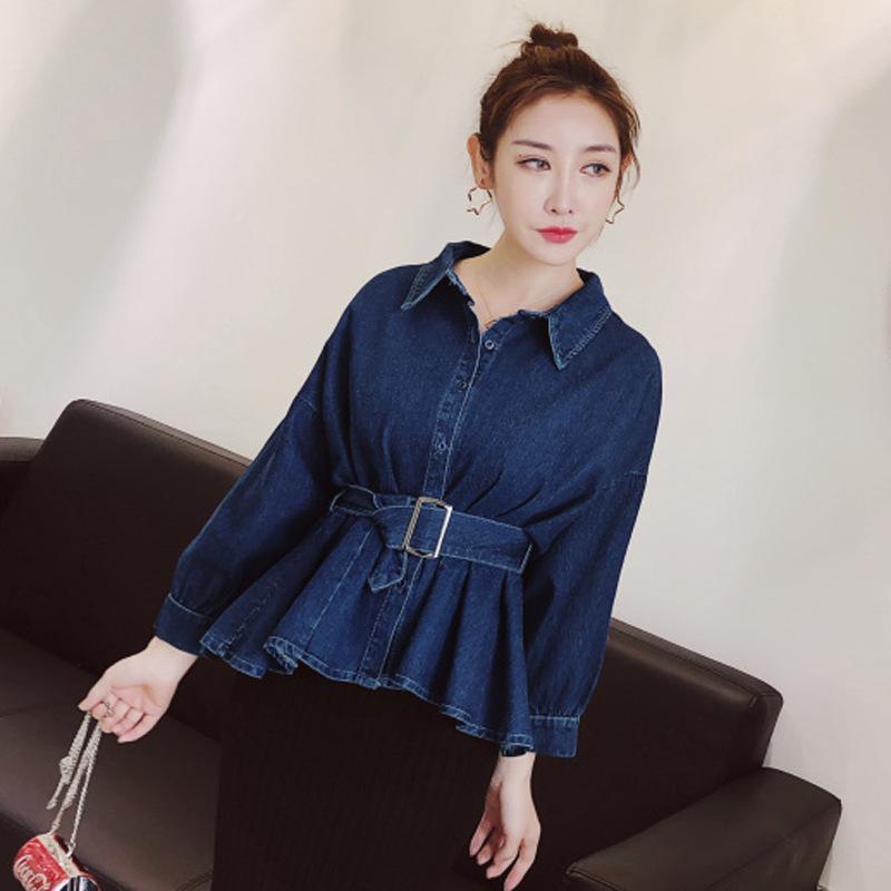 

Women streetwear denim slim ruffles Outerwear Coats, Blue