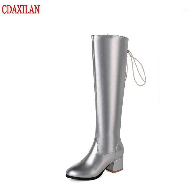 

CDAXILAN new to women's boots PU leather side zipp back lace-up high-heels knee-high boots roud toe high winter1, Silver(short plush)
