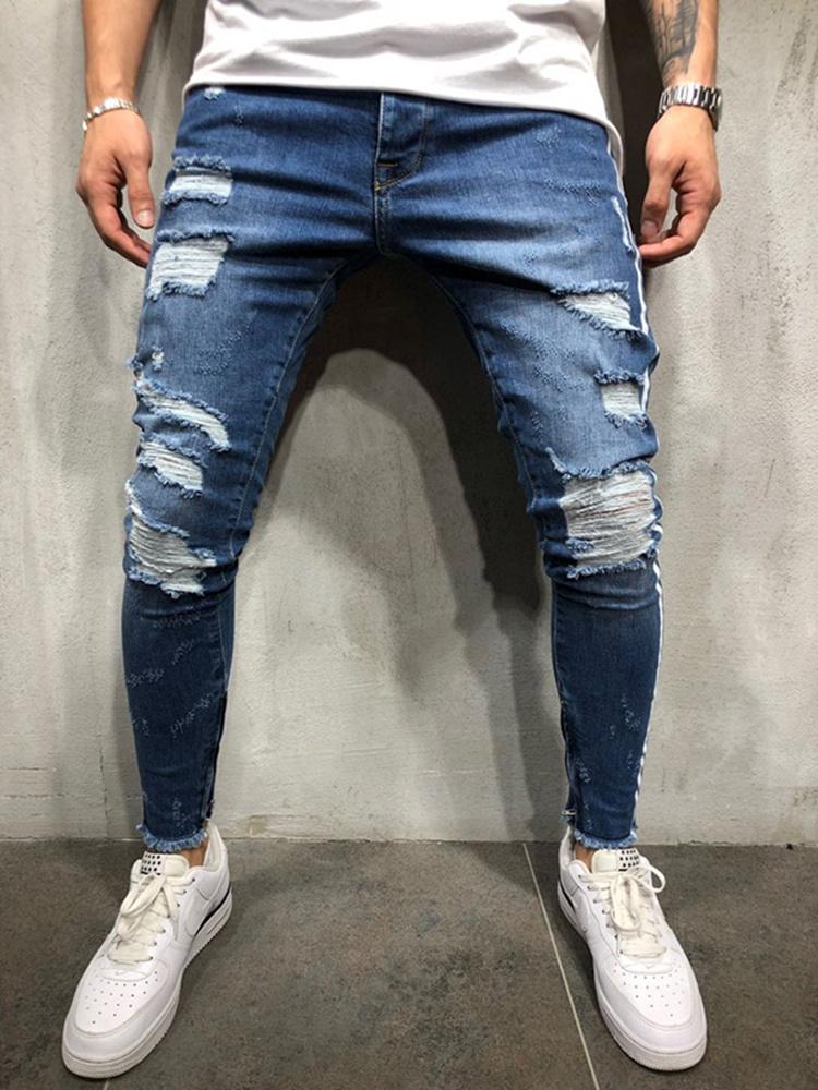 

European American Popular Logo Ripped Knees Jeans Men's Vertical Stripes Patchwork Pencil Pants Casual Elastic Solid Trousers, Deep blue 2017
