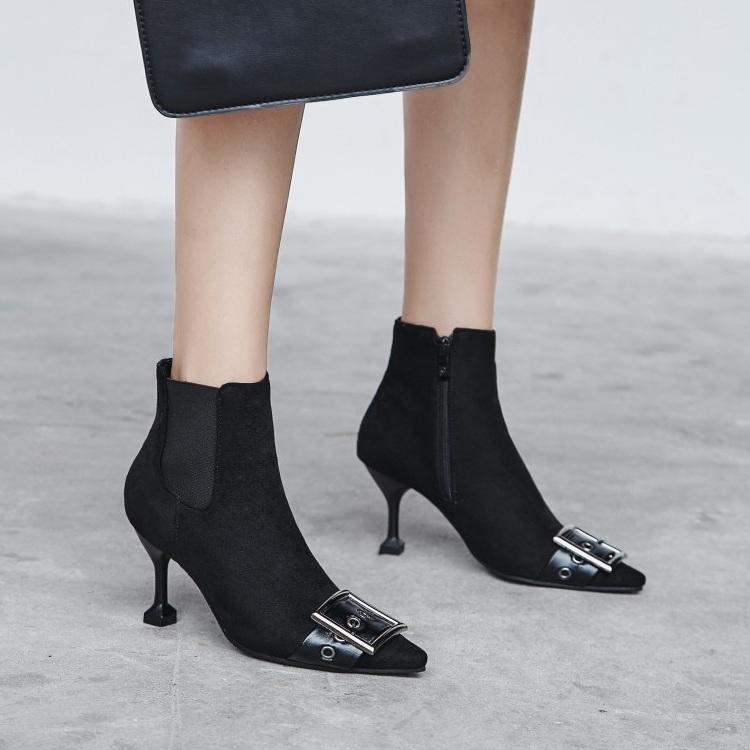 

Big Size 18 Ma'am Short boots Pure color Metal decoration Fashion boot barrel High heel boots, Black