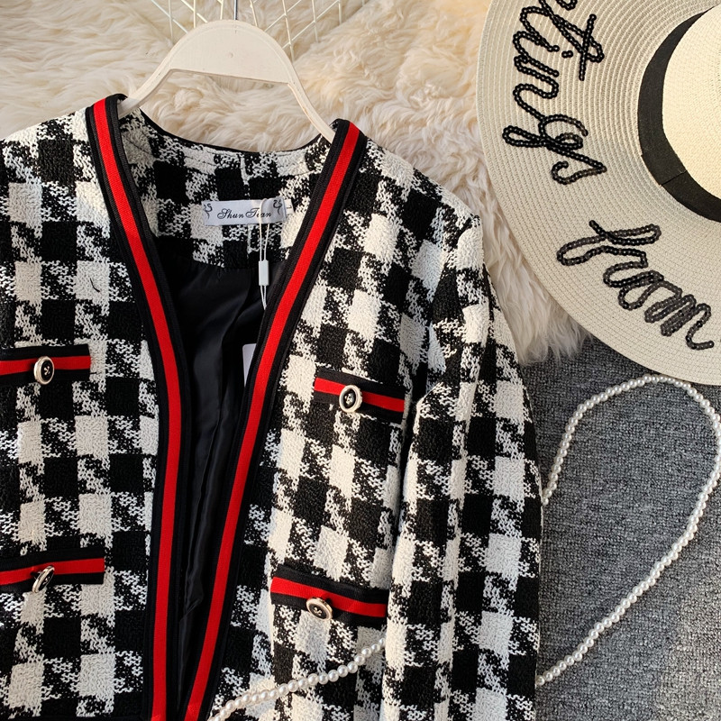 

2021 New Fashion Autumn Houndstooth Stylish Female Jacket Black Plaid Short Tweed Women's Cardigan Jackets the Mini Coat Neck 3JMD
