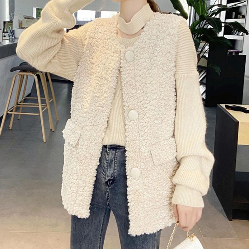

Lamb Hair Waistcoat Women Coat Autumn Single-Breasted O-Neck 2020 Winter Loose Sleeveless Cardigan Cashmere Jacket Vests Female, White
