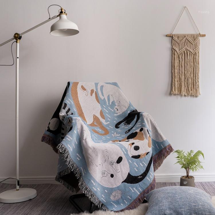 

Japanese Style Cartoon Cat Pattern Line Blanket Decorative Sofa Throw Blankets Warm Bed Blanket Home Supplies Decoration LD3461