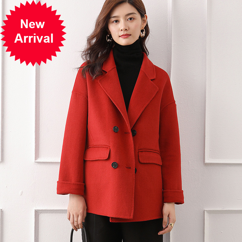 

2021 New Feminine Face 100% Pure Short Drop-shoulder Double Breasted Winter Jacket Wool Blazer #104 8bz2, Black