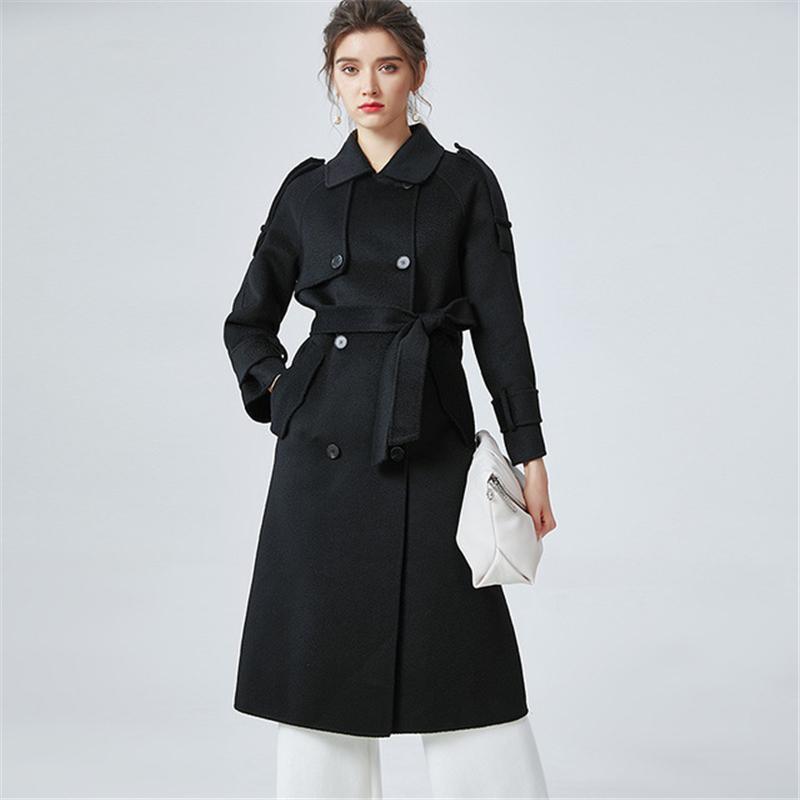 

Water Ripple Double Face Cashmere Wool Overcoat Lapel Double Buckle Belt Over Knee Coat Autumn Winter Women's Clothing 2020, Black