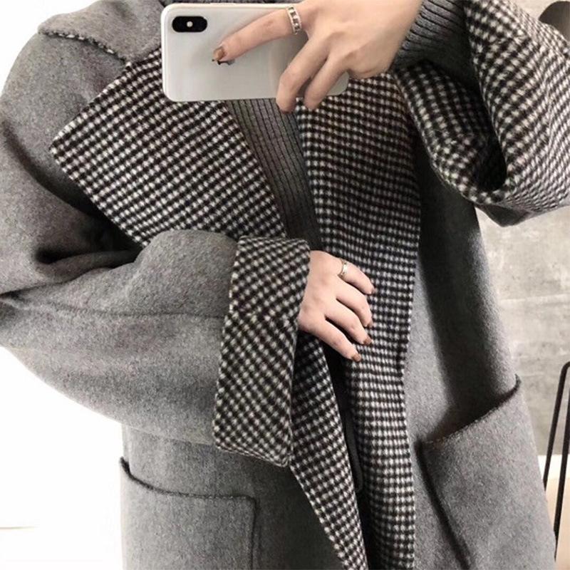 

New Hepburn thousand bird case double face cashmere coat women's medium length loose woolen coat, Black