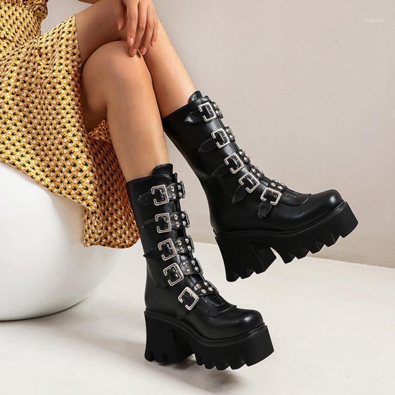 

Winter Boots Women warm waterproof platform thick high heel Boots rivet buckle decoration Soft Leather Shoes Comfortable 20221, Black