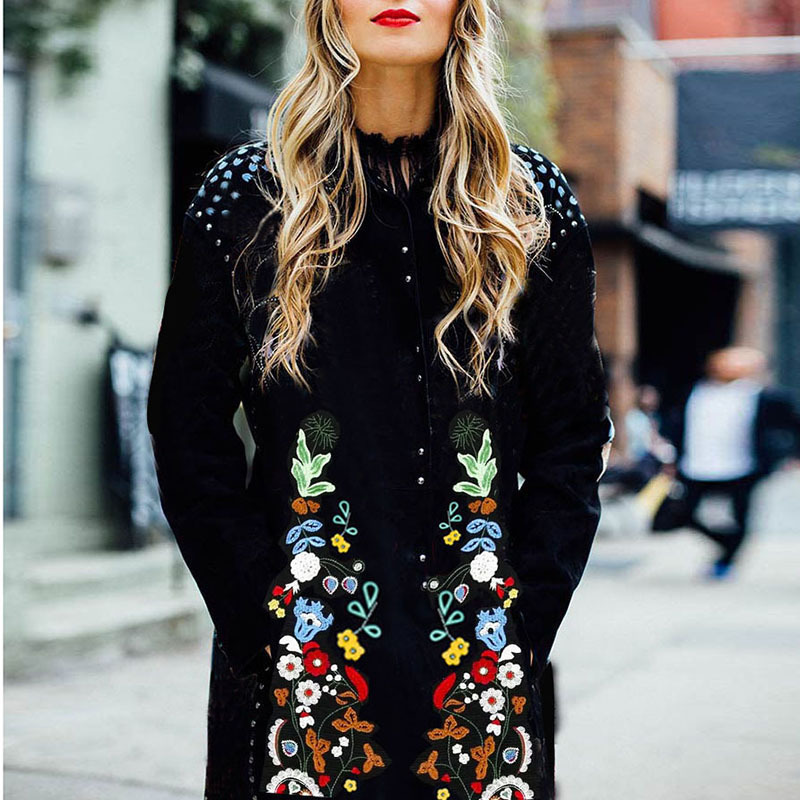 

2020 ethnic fashions trench Autumn coats long sleeve standard flower coat casual fashion tops women's jacket outwear B97Q, Black