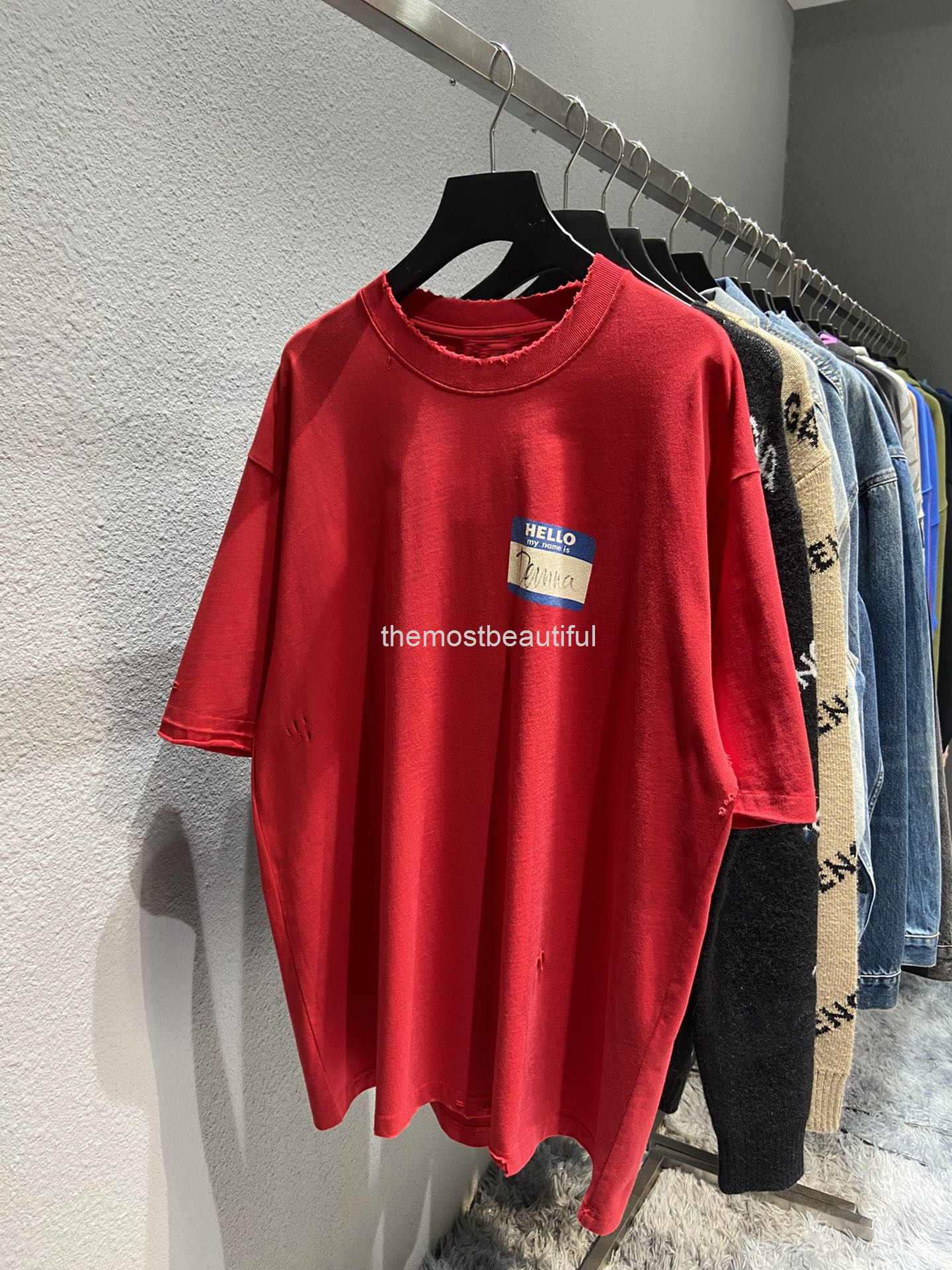 

Women's T-Shirt Spring and summer high version b home Hello label printed round neck loose worn versatile men's women's same T-shirt short sleeve, 2# packing bag