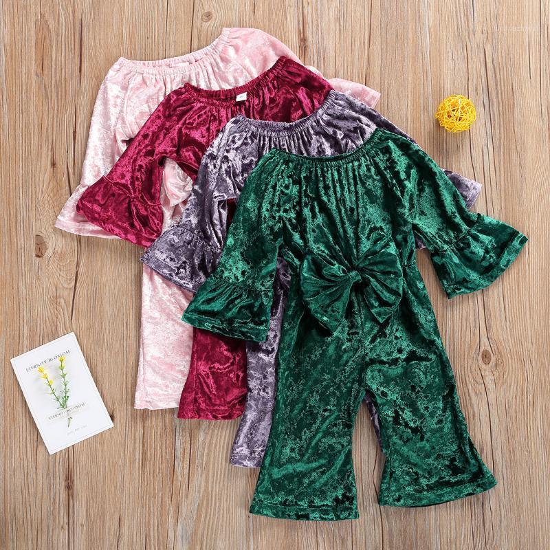 

1-3Y Spring Autumn Baby Girls Flare Sleeve Romper Newborn Infant Off Shoulder Bowknot Velvet Romper Jumpsuits Overalls Outfits1, Green