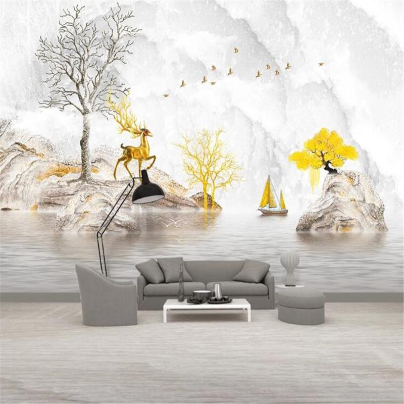 

Milofi custom wallpaper mural modern fashion light luxury stone to run fortune tree elk marbled landscape background wall, Silk cloth