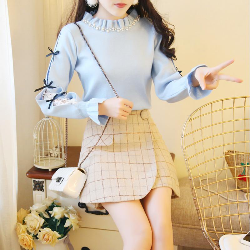 

2020 Spring And Autumn New Korean Beaded Lace Stitching Knitted Western Top, Pink