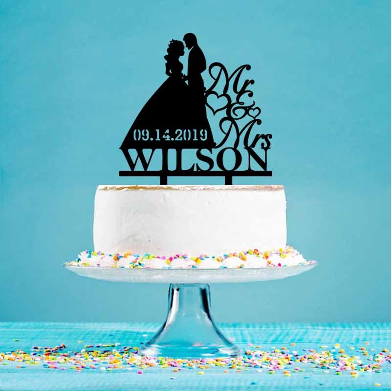 

Personalized Mr Mrs Name Wedding Date Bride Groom Silhouettes Cake Topper For Wedding Anniversary Cake Decoration Topper YC097