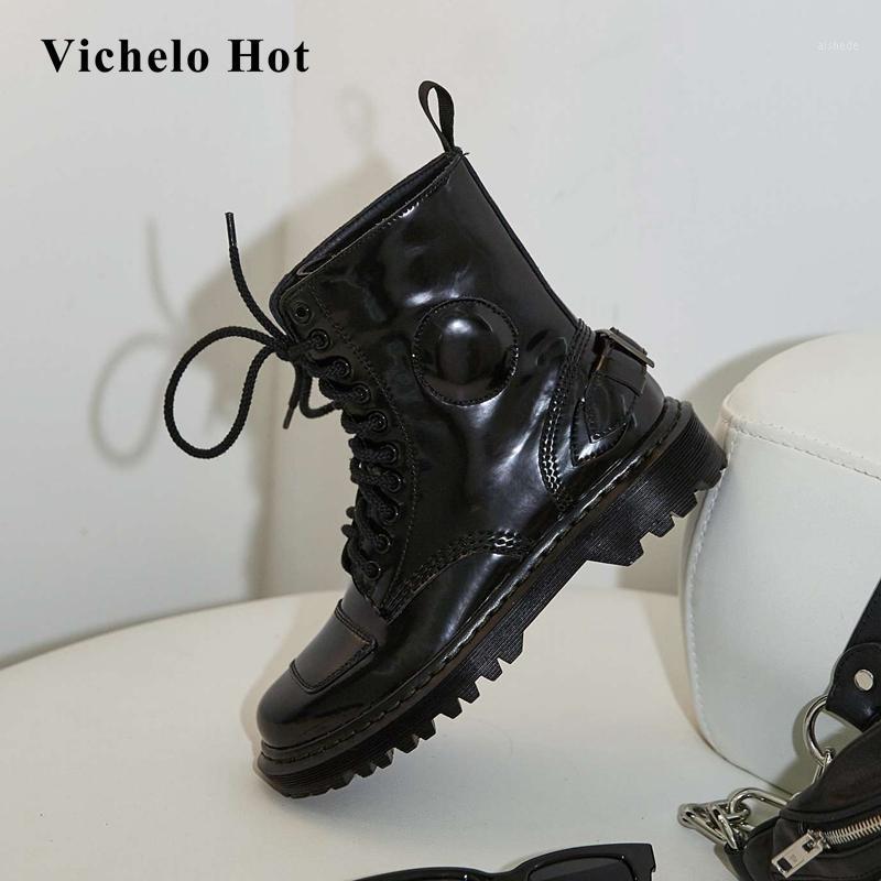 

Vichelo Hot short boots natural leather handsome round toe thick low heel lace up energy lady soft women basic ankle boots L141, Black