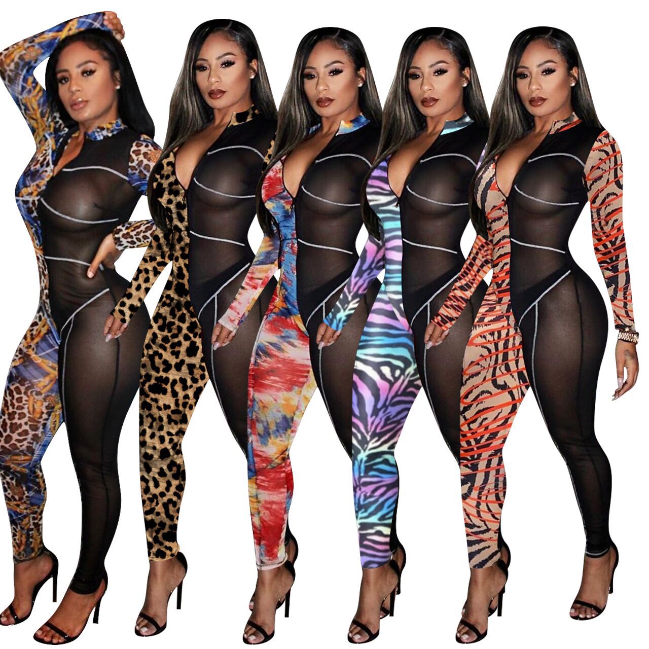 

women sexy nightclub clothing leopard Printed mesh patchwork jumpsuits zipper long sleeve rompers bodysuits onesies plus size clothes, Leave a message